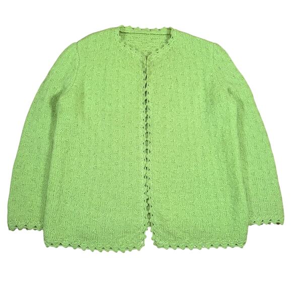 Vintage Lime Green Knit Cardigan Sweater Scalloped Edge Open Front Women’s M - Picture 1 of 8